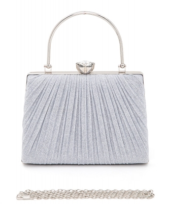 Diamond Clasp Top Handle Metallic Pleated Box Clutch 1970 SILVER